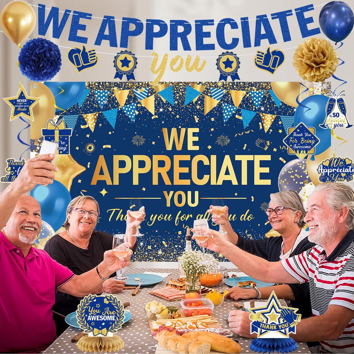 DARUNAXY 3D honeycomb centerpieces in blue and gold elevate table displays.