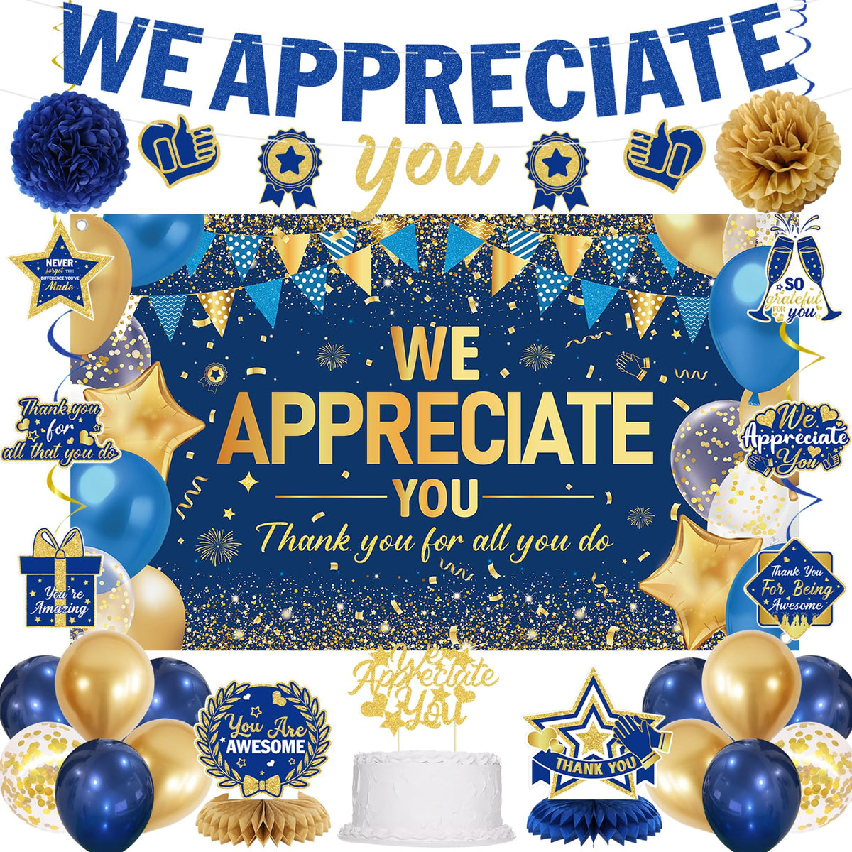DARUNAXY We Appreciate You banner backdrop in blue and gold elevates celebrations.
