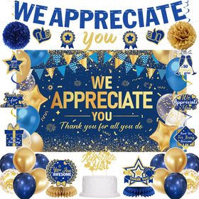 DARUNAXY We Appreciate You banner backdrop in blue and gold elevates celebrations.