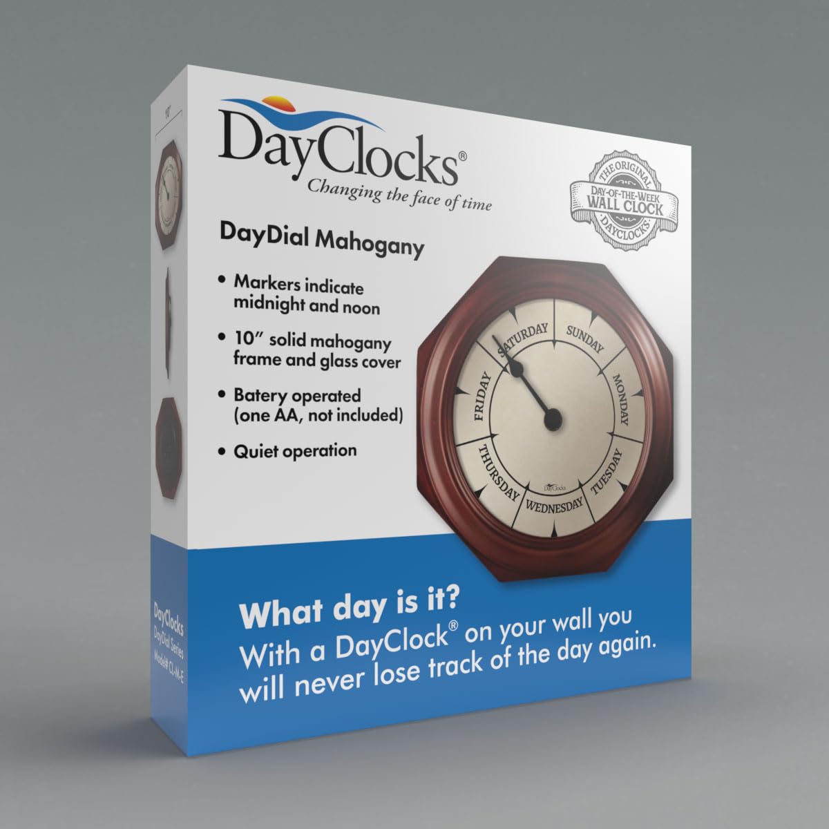 DayClocks 10-inch mahogany frame clock offers easy daily reference