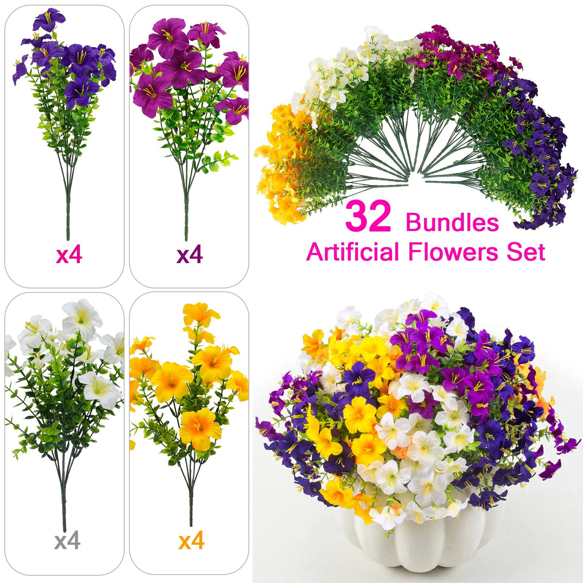 Daynight 32 Pcs Faux Petunias outdoor flowers, UV resistant, ideal for outdoor balcony porches.