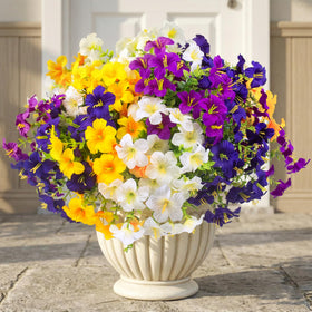 Daynight 32 Pcs Faux Petunias outdoor flowers in white, ideal for porch decor with low maintenance.