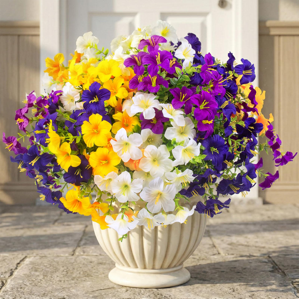 Daynight 32 Pcs Faux Petunias outdoor flowers in white, ideal for porch decor with low maintenance.