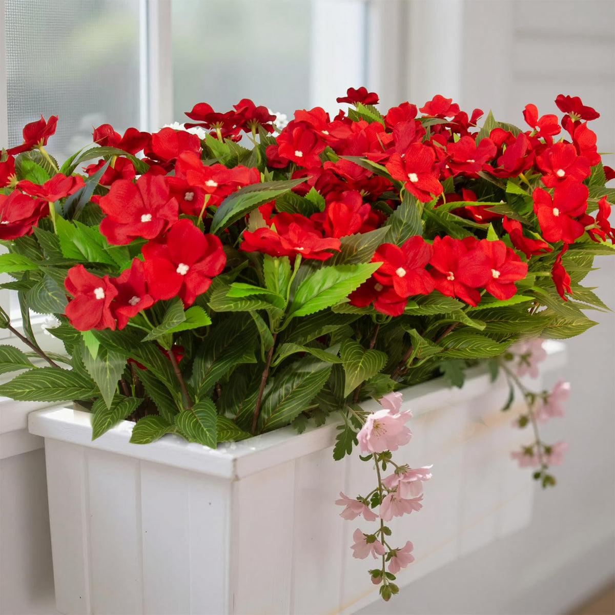 Daynight impatiens hanging planter scene adds charm and ease.