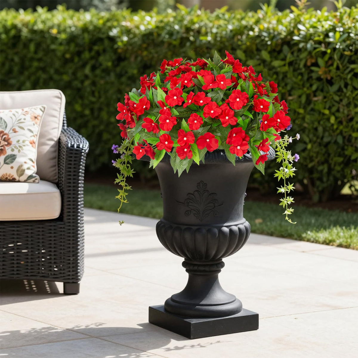Daynight impatiens in bright red maintain color through weather conditions.