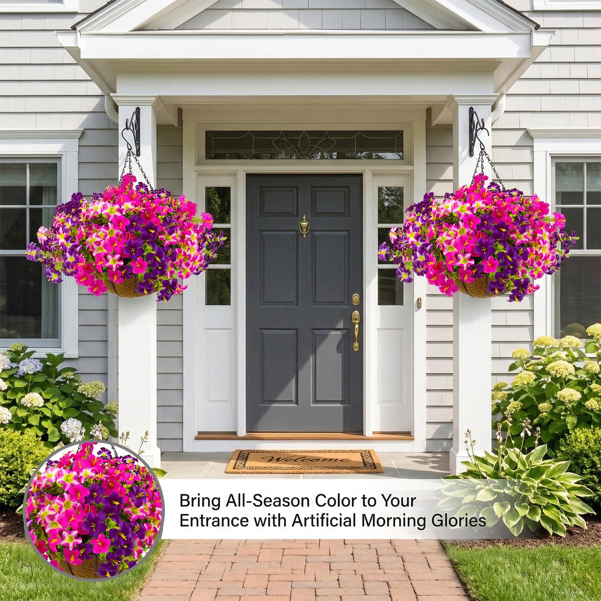 Daynight front-porch decor with petunias adds spring charm and color.