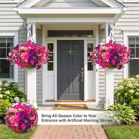Daynight front-porch decor with petunias adds spring charm and color.