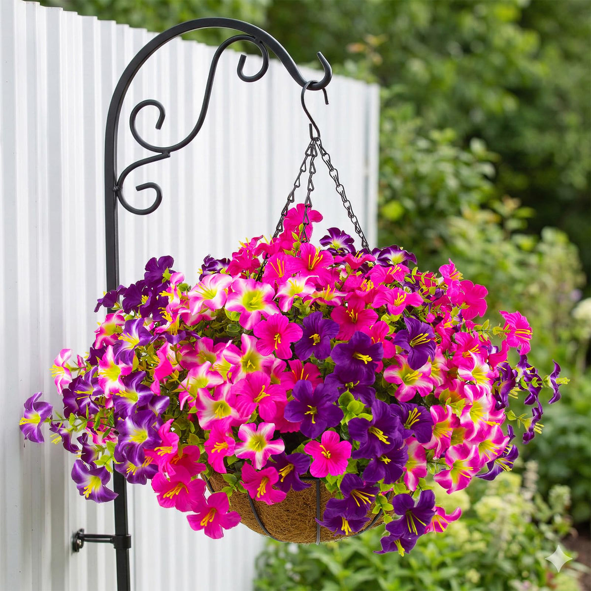 Daynight hanging-basket display on a front door welcomes visitors with color.