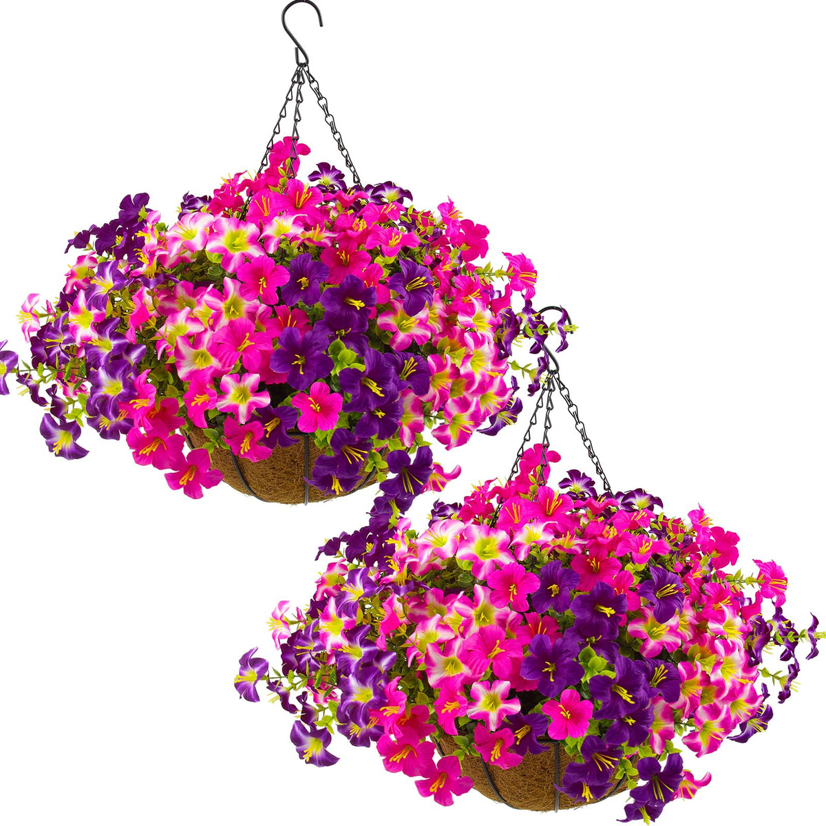 Daynight rose-red petunias in a hanging basket boost curb appeal with low maintenance.