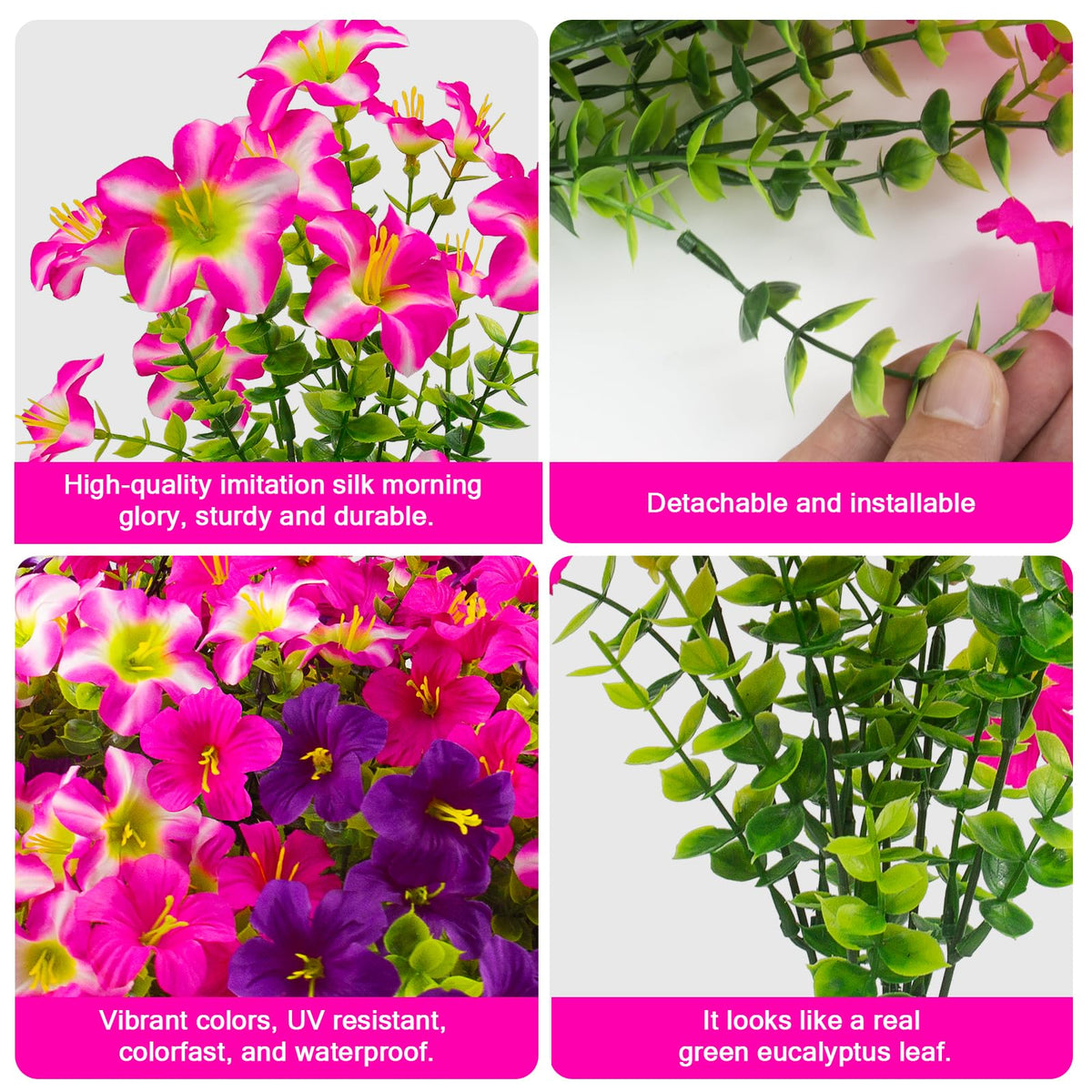 Daynight spring-summer decor idea using faux petunias for outdoor spaces.