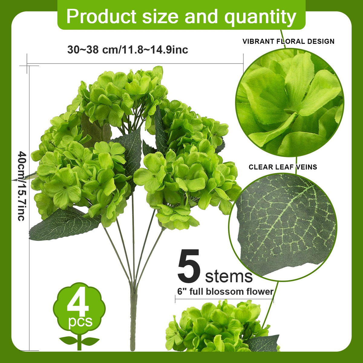 Daynight hydrangea artificial flowers outdoor green 4pcs, patio decor
