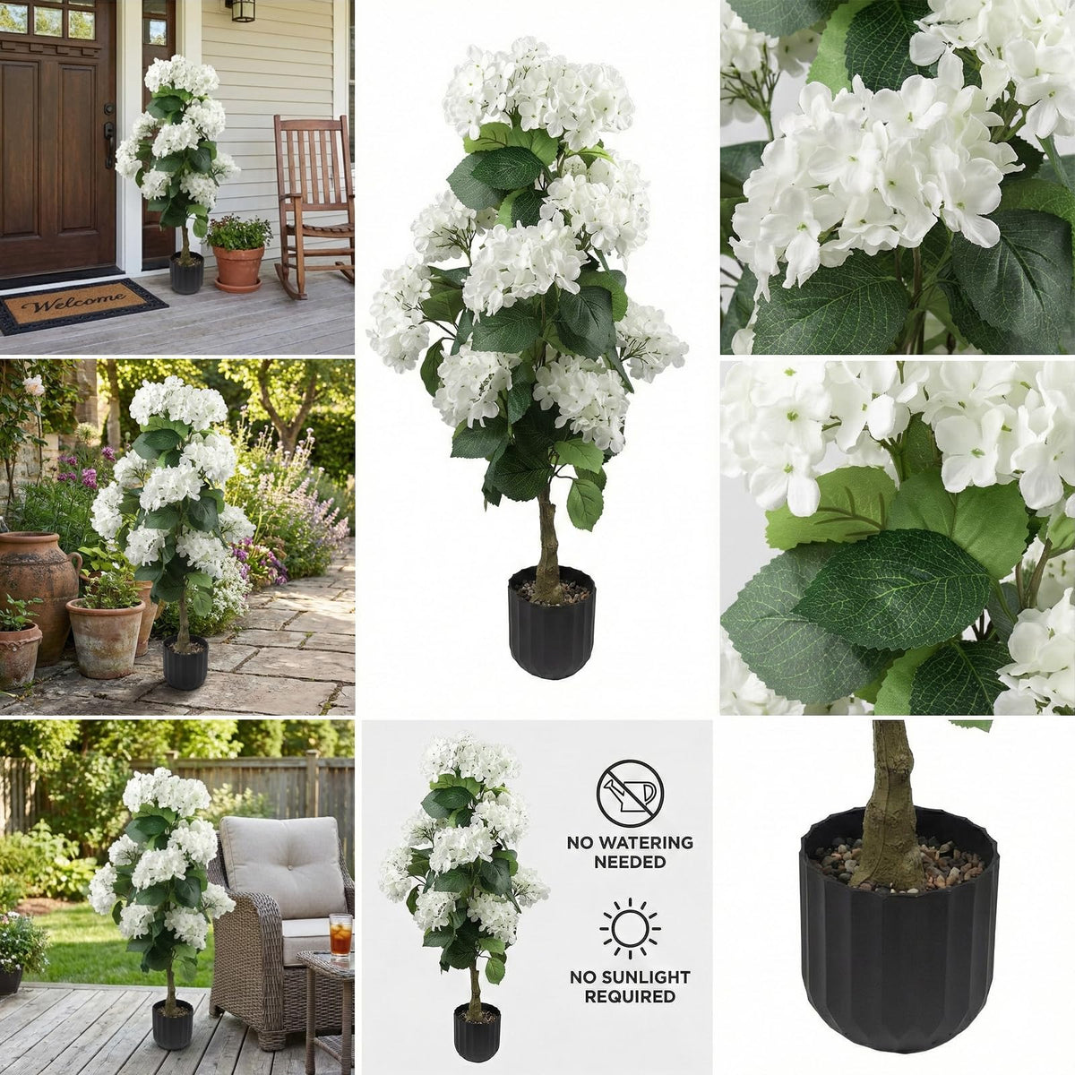 Daynight hydrangea on front porch elevates entryway appeal.
