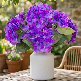 Daynight hydrangea outdoor silk bouquet on patio centerpiece, fade-resistant color.