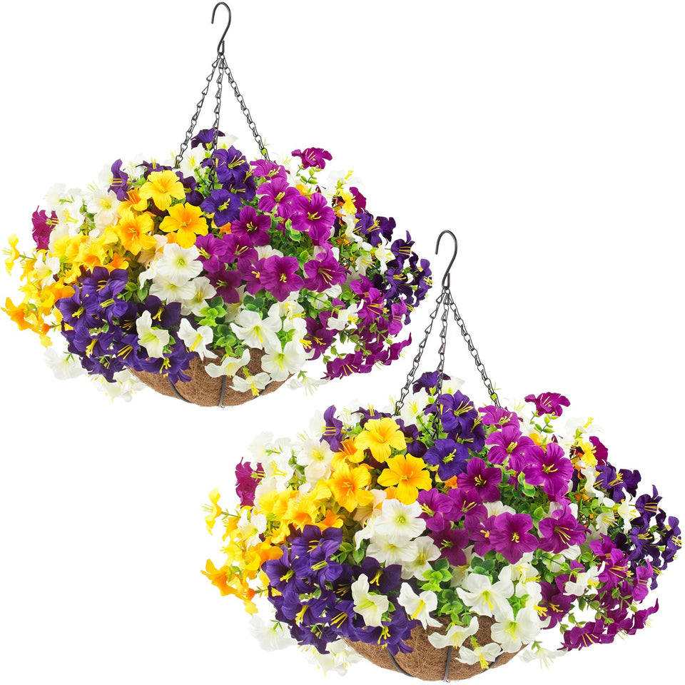 Daynight Petunias hanging basket front view white blooms brighten your entry