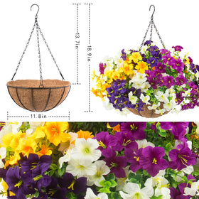 Daynight Petunias hanging basket side view yellow blooms add cheerful curb appeal
