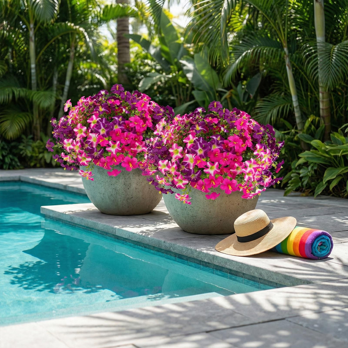 Daynight petunias hanging planters decorate porch entries