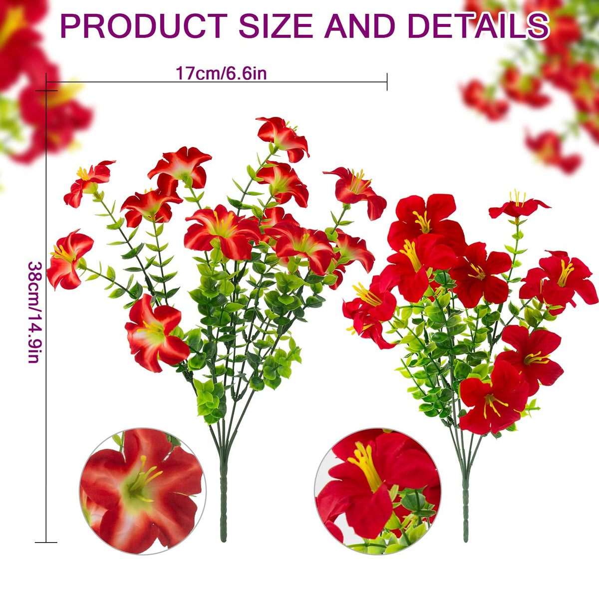 Daynight petunias silk flowers with lifelike texture for window displays.