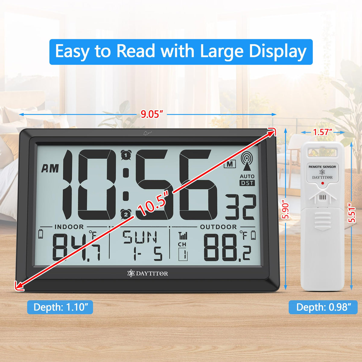DAYTITOR clock with 105-inch LCD display for easy viewing from anywhere.