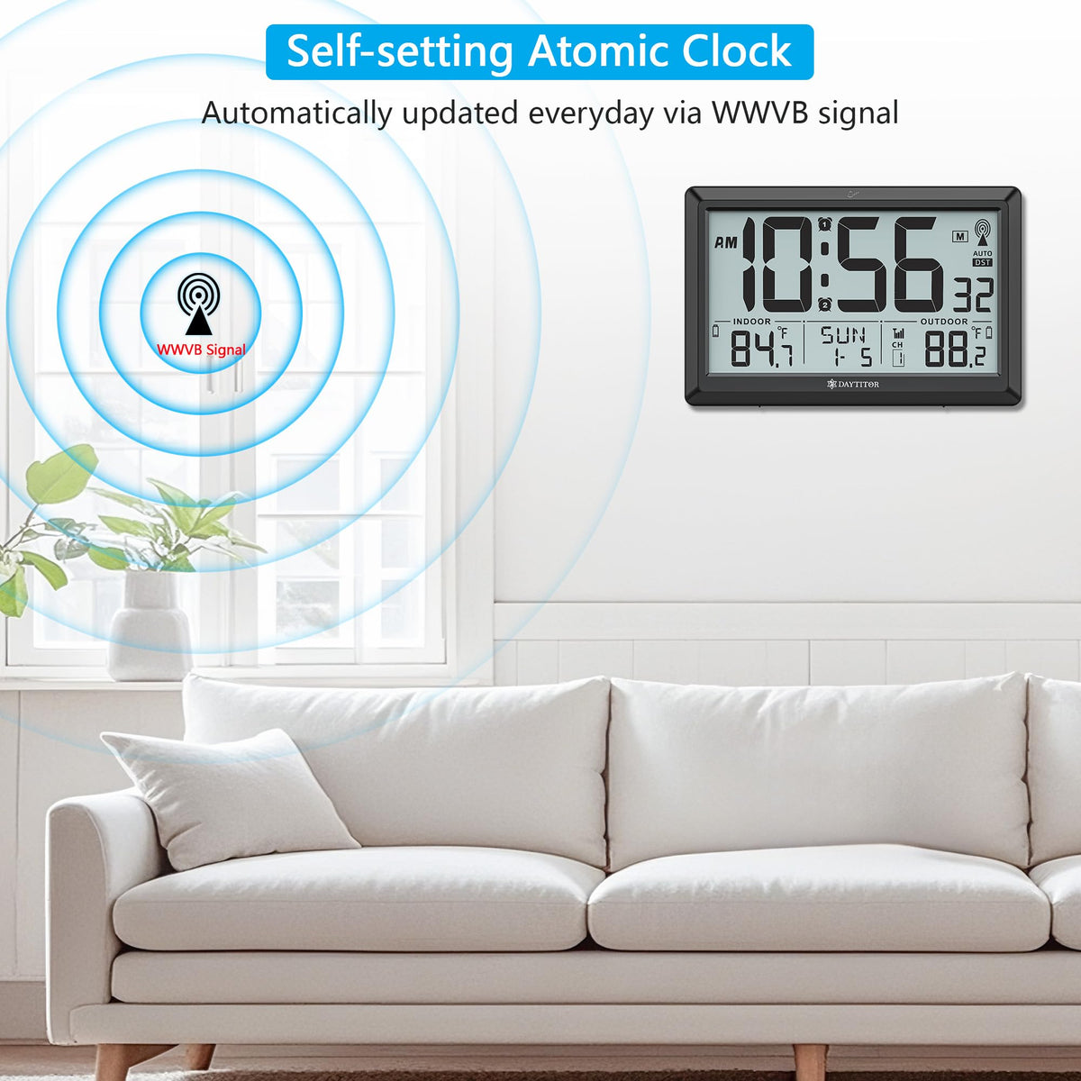 DAYTITOR wall clock with alarm and snooze for reliable wake-ups.