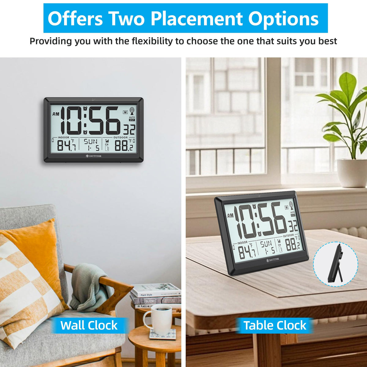 DAYTITOR clock includes multiple hanging holes for easy mounting.