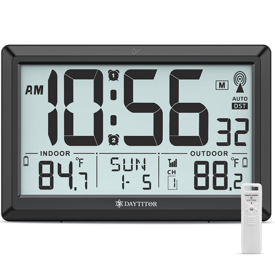 DAYTITOR atomic clock wall shows indoor and outdoor temps for quick comfort checks.