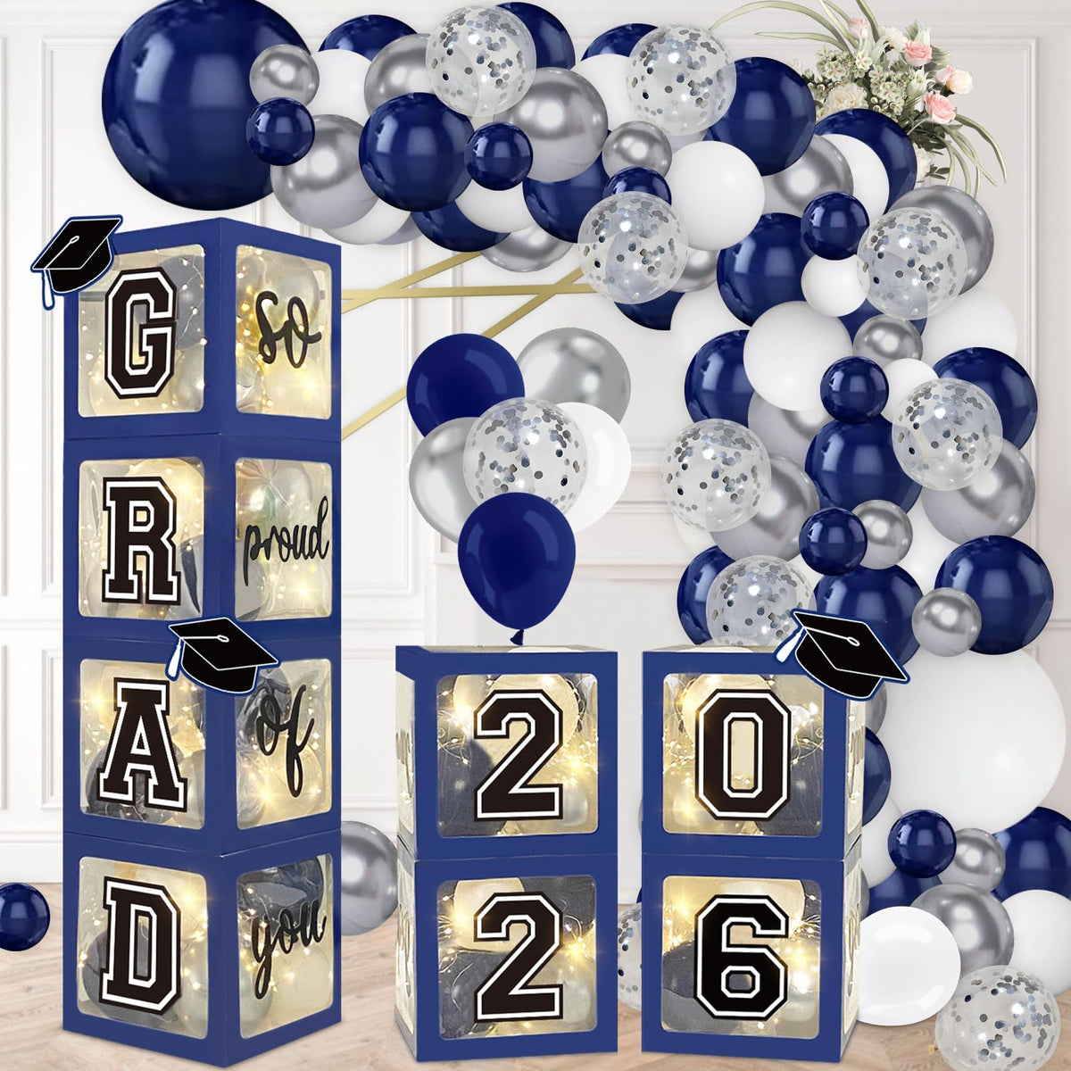 DAZONGE navy blue graduation boxes brighten entrances for photos.