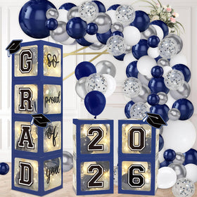 DAZONGE navy blue graduation boxes brighten entrances for photos.