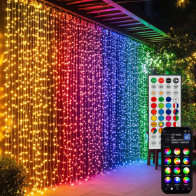 Dazzle Bright 300 LED curtain lights with remote for easy color control.