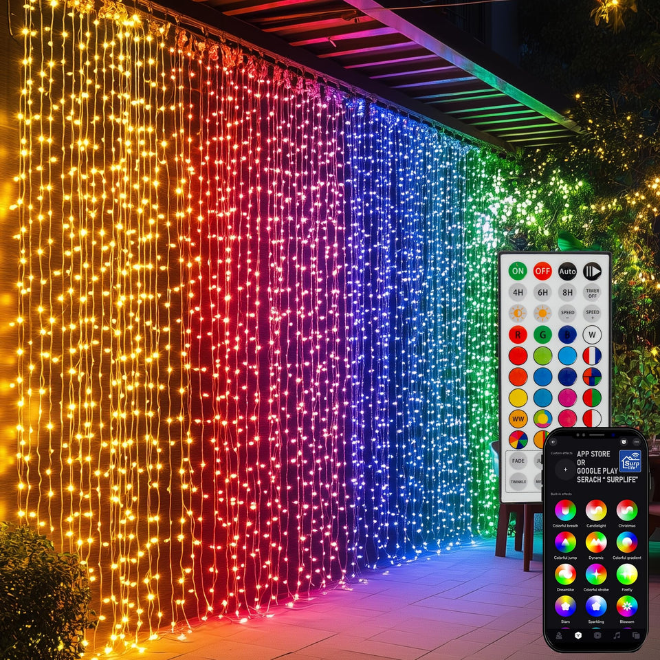 Dazzle Bright 300 LED curtain lights with remote for easy color control.