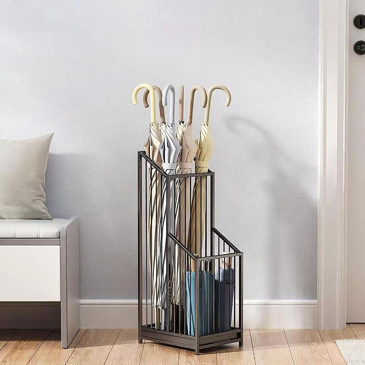 Removable drip tray on dboodb umbrella stand catches rainwater