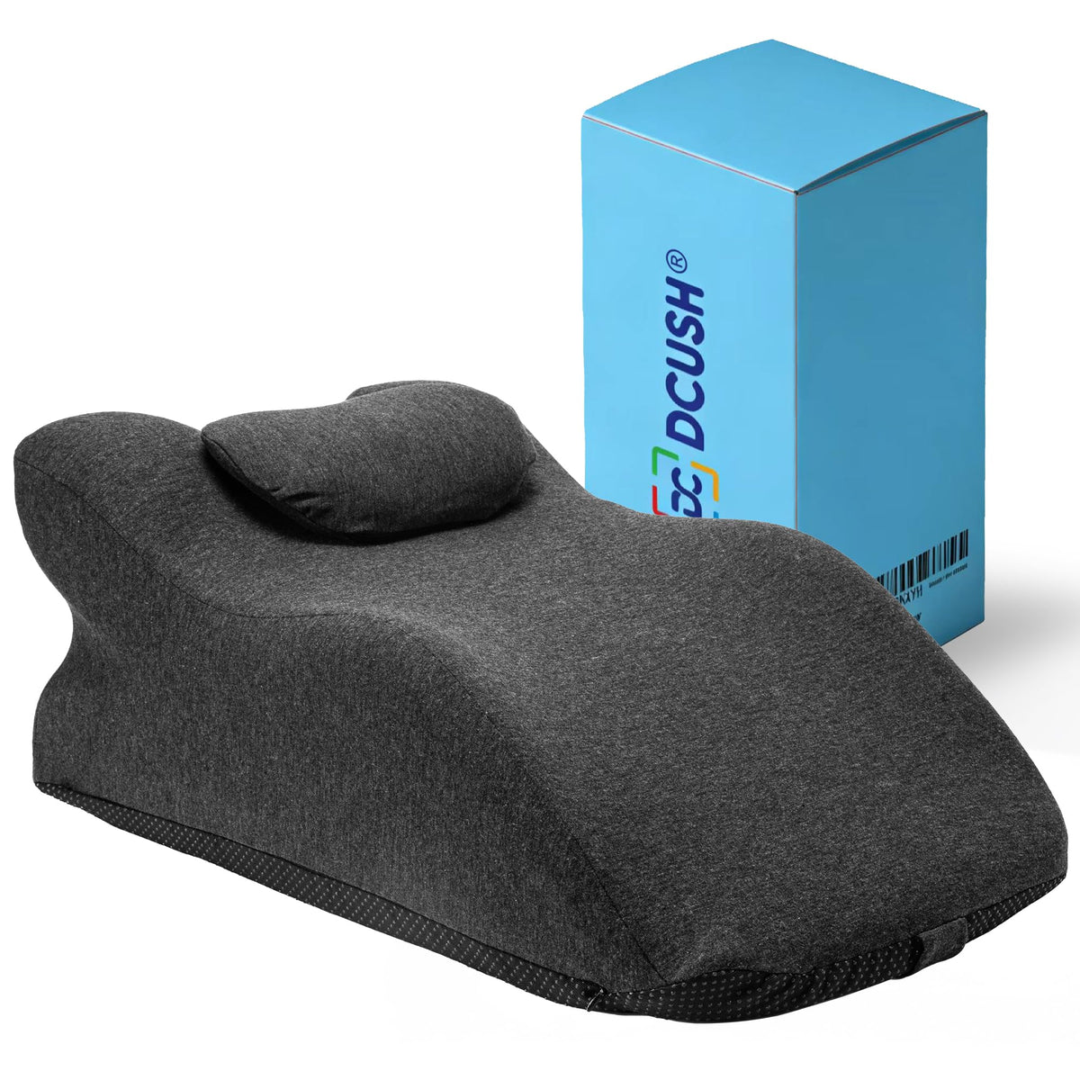 DCUSH ergonomic contoured pillow close-up highlighting neck support for better alignment.