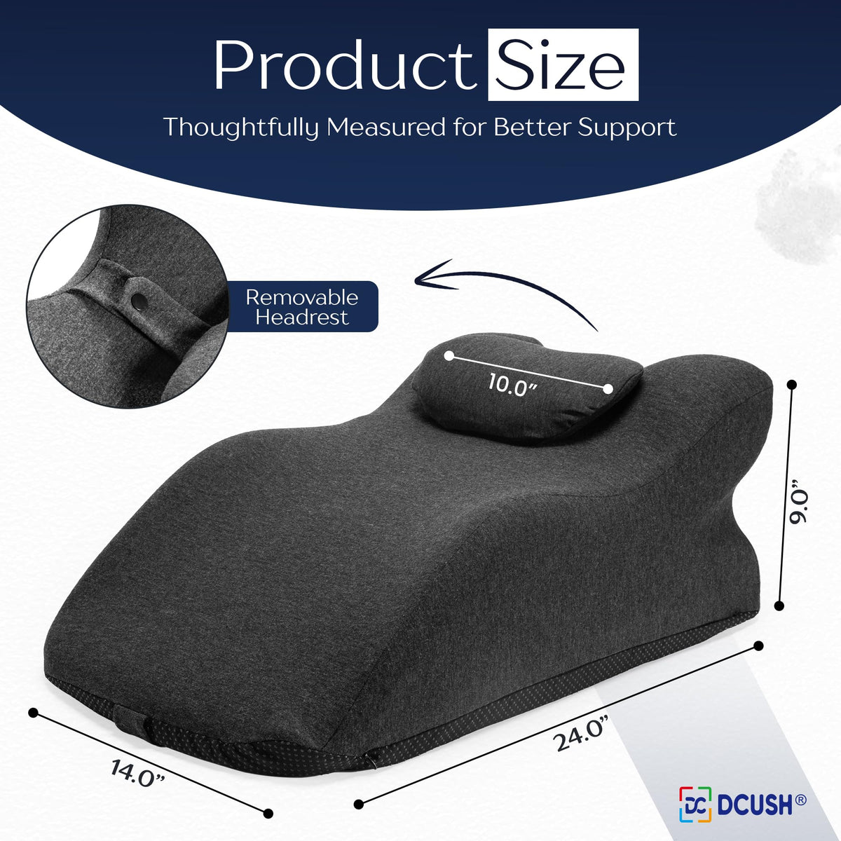 DCUSH removable headrest attachment shows adjustable comfort for different positions.