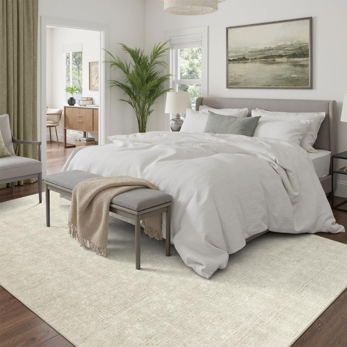 DCX 5x7 beige rug non-slip backing on hardwood floor.