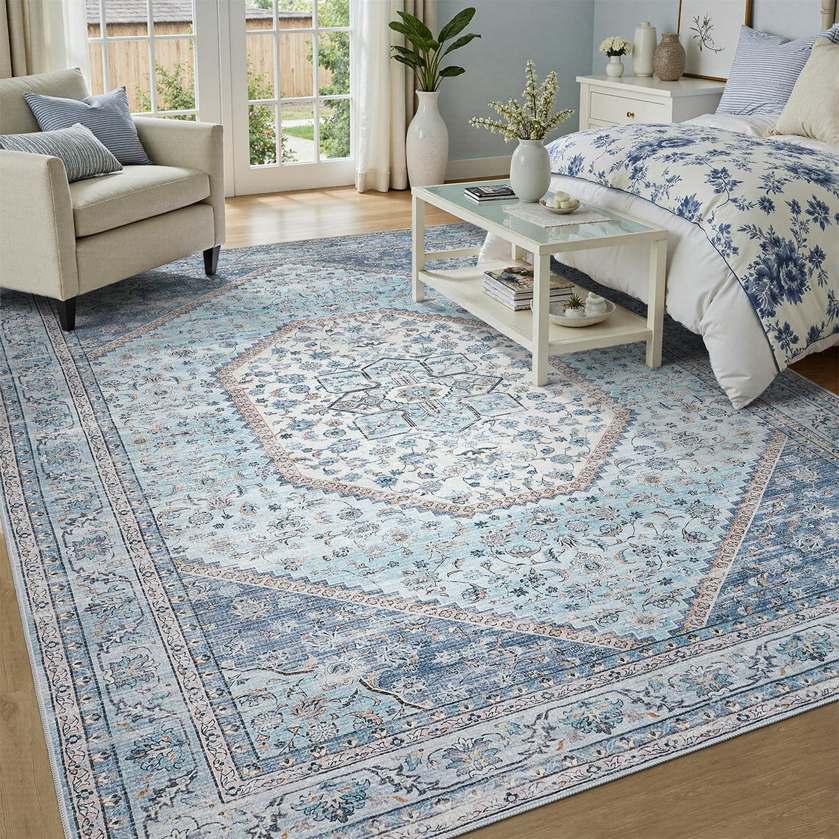 DCX Blue 5x7 rug machine washable for easy stain removal in living rooms.