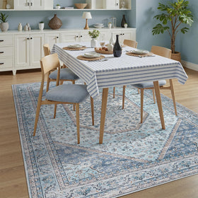 DCX Blue 5x7 rug with non-slip back keeps floors secure.