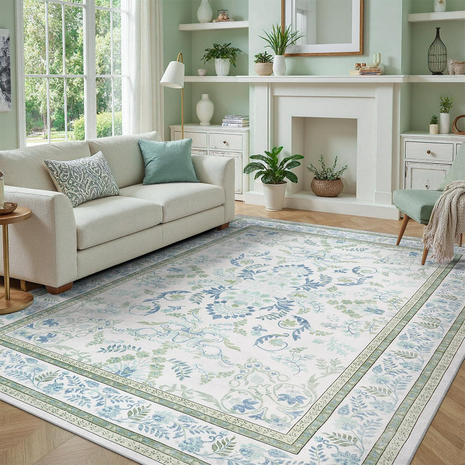 DCX Green 6x9 rug with ivory base and botanical florals enhances living room ambience.