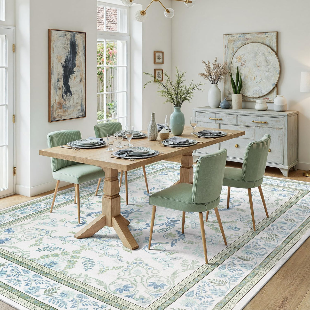 DCX Green 6x9 rug shows non-slip backing for stable placement on wood or tile.