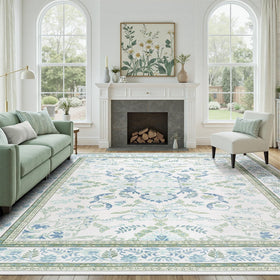 DCX Green 9x12 rug with botanical floral pattern adds serene ambiance to the living room