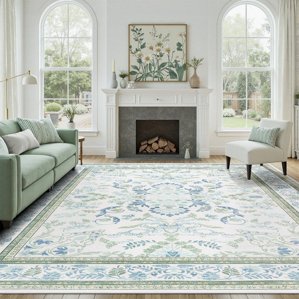 DCX Green 9x12 rug with botanical floral pattern adds serene ambiance to the living room