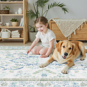 DCX Green 9x12 rug image highlighting machine washable design for quick cleans