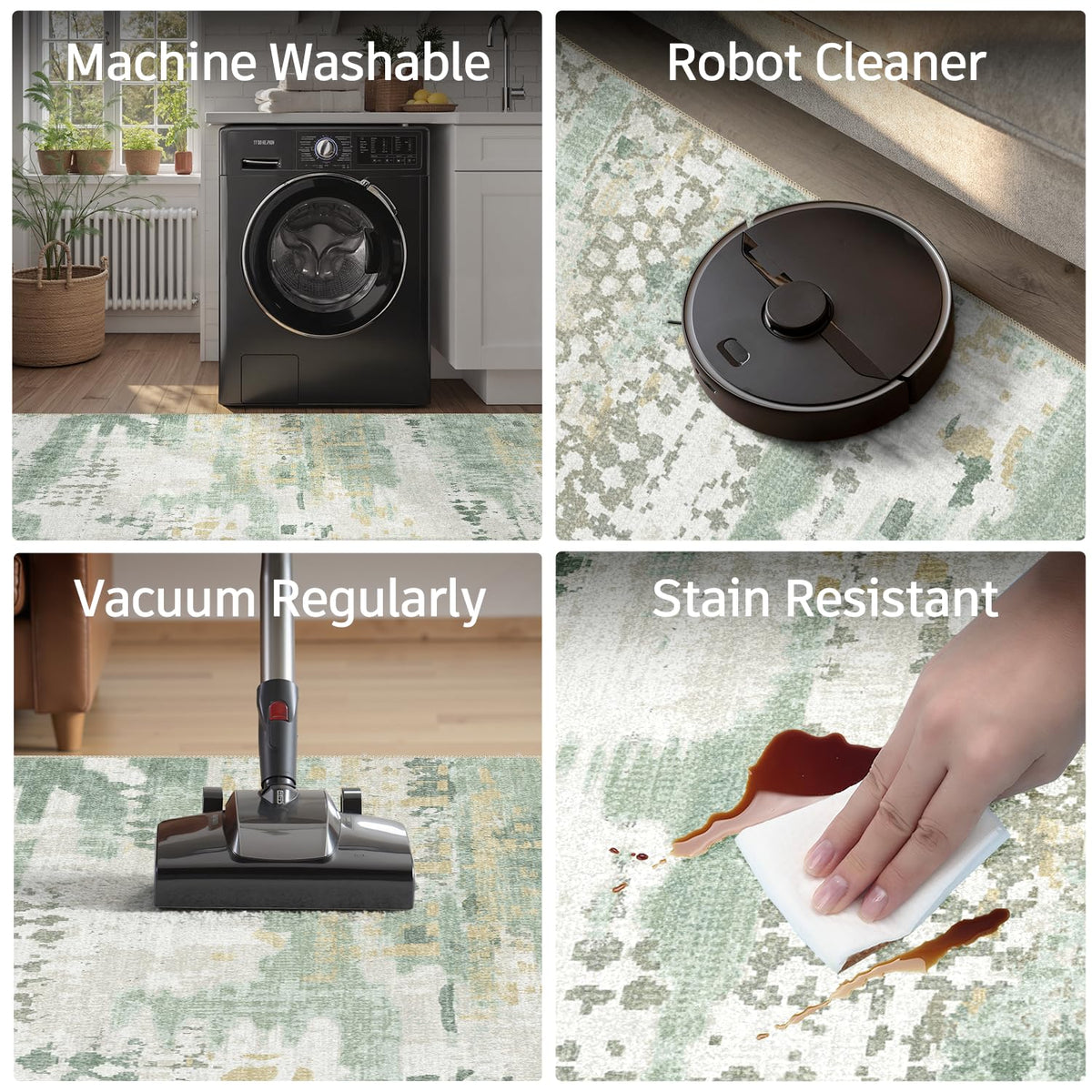 DCX stain-resistant sage rug reduces staining from daily spills.