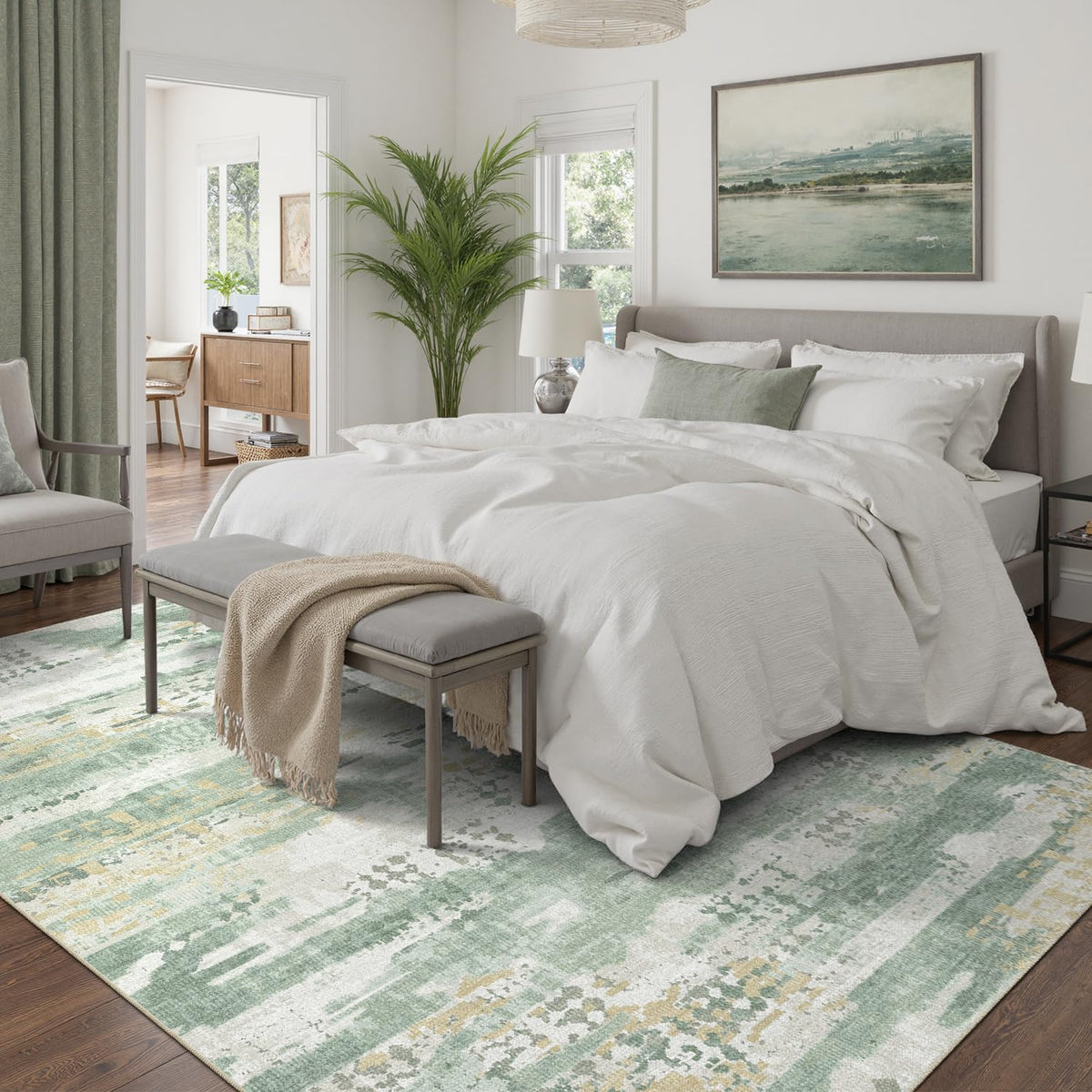 DCX washable sage green rug showing easy-care fibers ideal for families with kids.