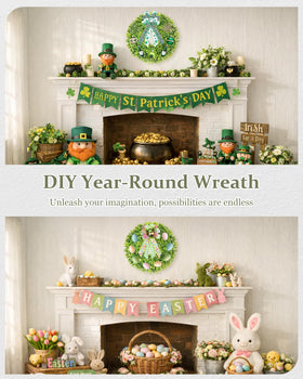 DDHS boxwood wreath with beige sash, ready for easy styling changes