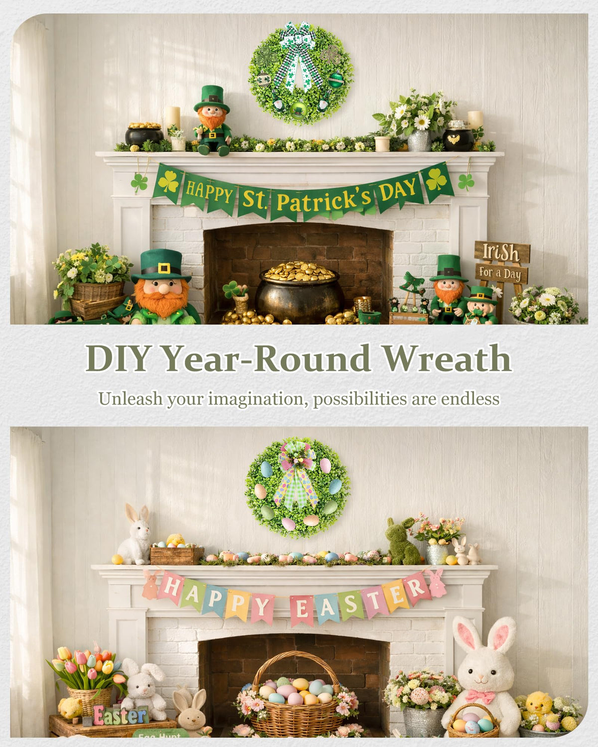 DDHS boxwood wreath with beige sash, ready for easy styling changes