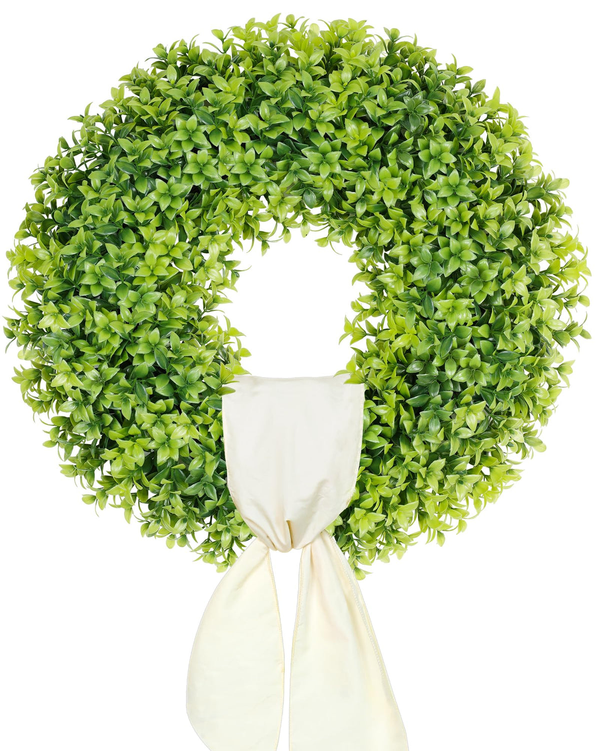 DDHS boxwood wreath on front door, year-round curb appeal with durable, UV-resistant foliage.