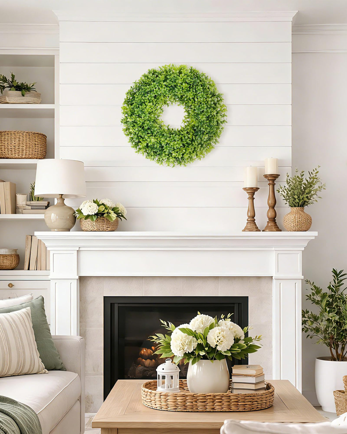 DDHS year-round boxwood wreath enhances decor with vibrant yellow-green tones