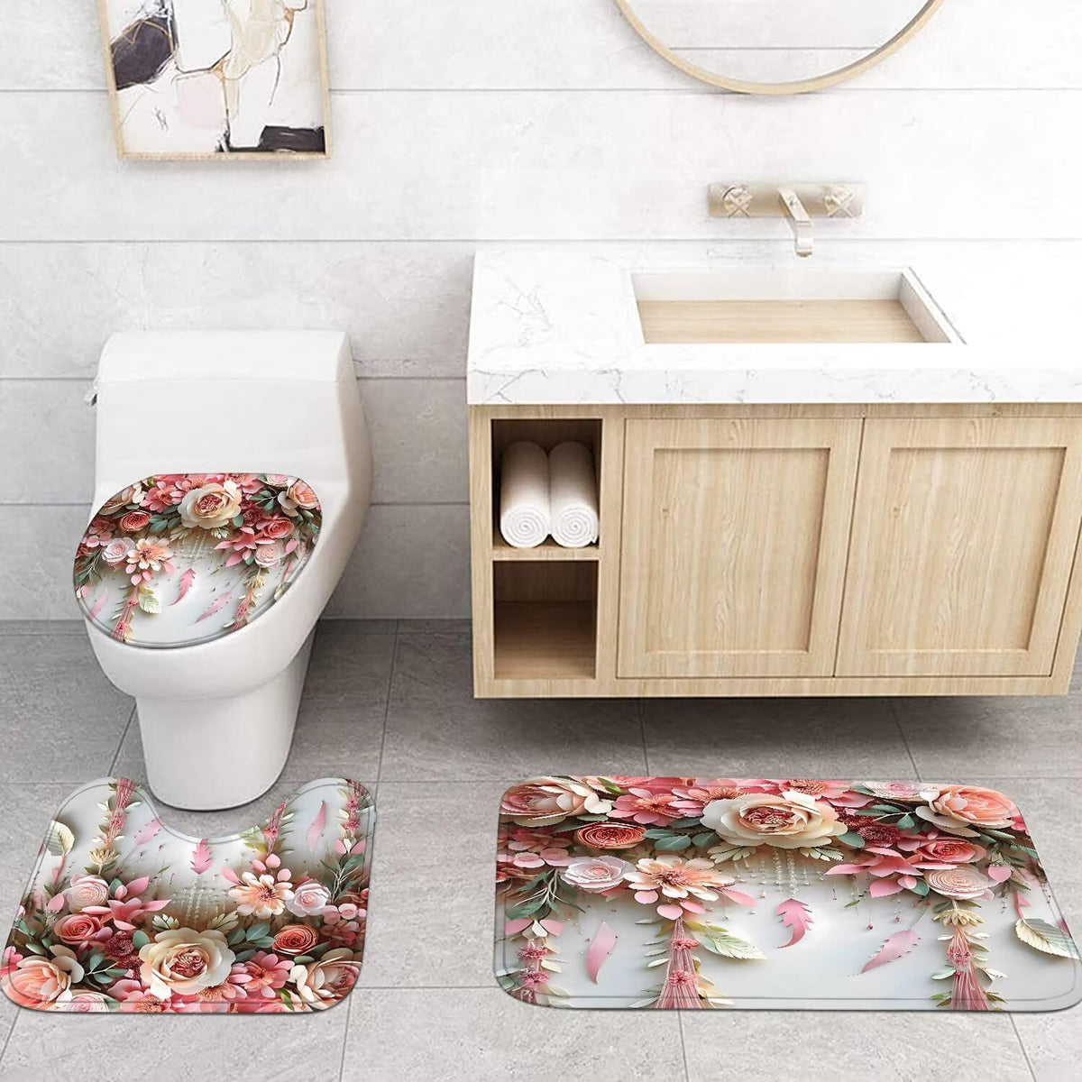 DDQQ pink flower bathroom decor creates a romantic, cozy vibe for any space