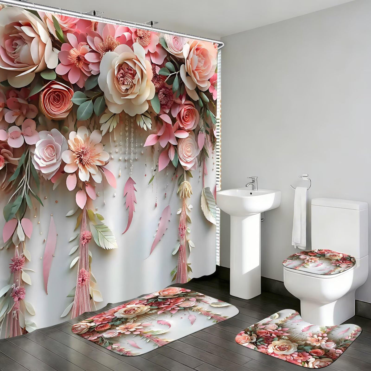 DDQQ pink flower shower curtain with 3D pattern brightens bathrooms and enhances decor
