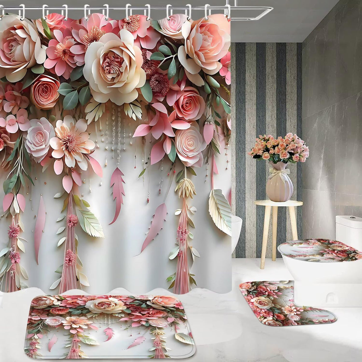 DDQQ pink flower U-shaped bathroom rug adds softness near the basin and shower