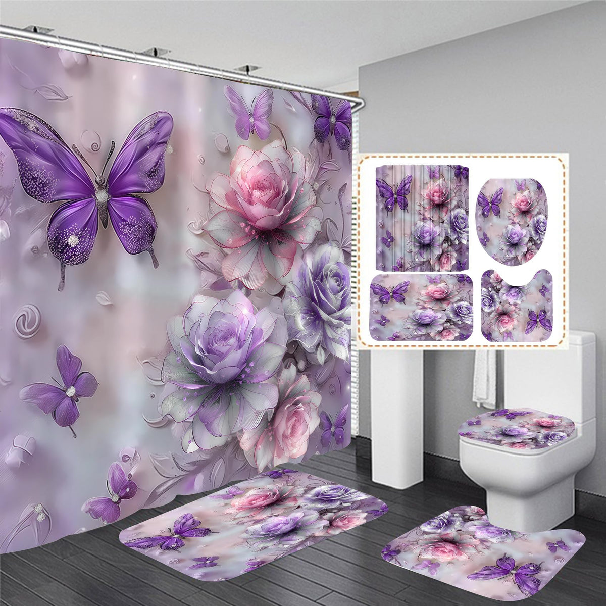 DDQQ purple glitter floral shower curtain with vibrant pattern helps keep walls dry.